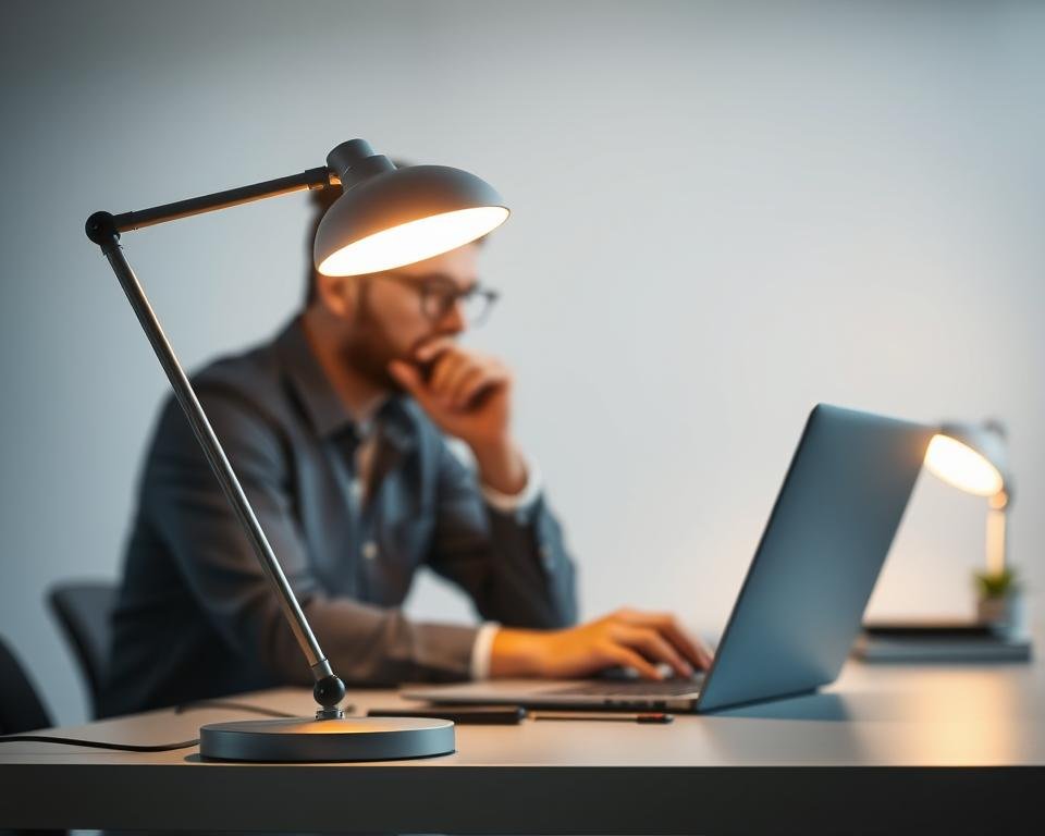 A brightly lit office scene with a person sitting at a desk, intently focused on a laptop screen. In the foreground, a sleek, modern desk lamp casts a warm glow on the desk surface. The background features a minimalist design, with clean lines and a neutral color palette to create a calming, professional atmosphere. The person's body language suggests they are deeply engaged in troubleshooting or providing technical assistance. The lighting and composition convey a sense of productivity and efficiency, reflecting the "Support Technique et Assistance" theme.
