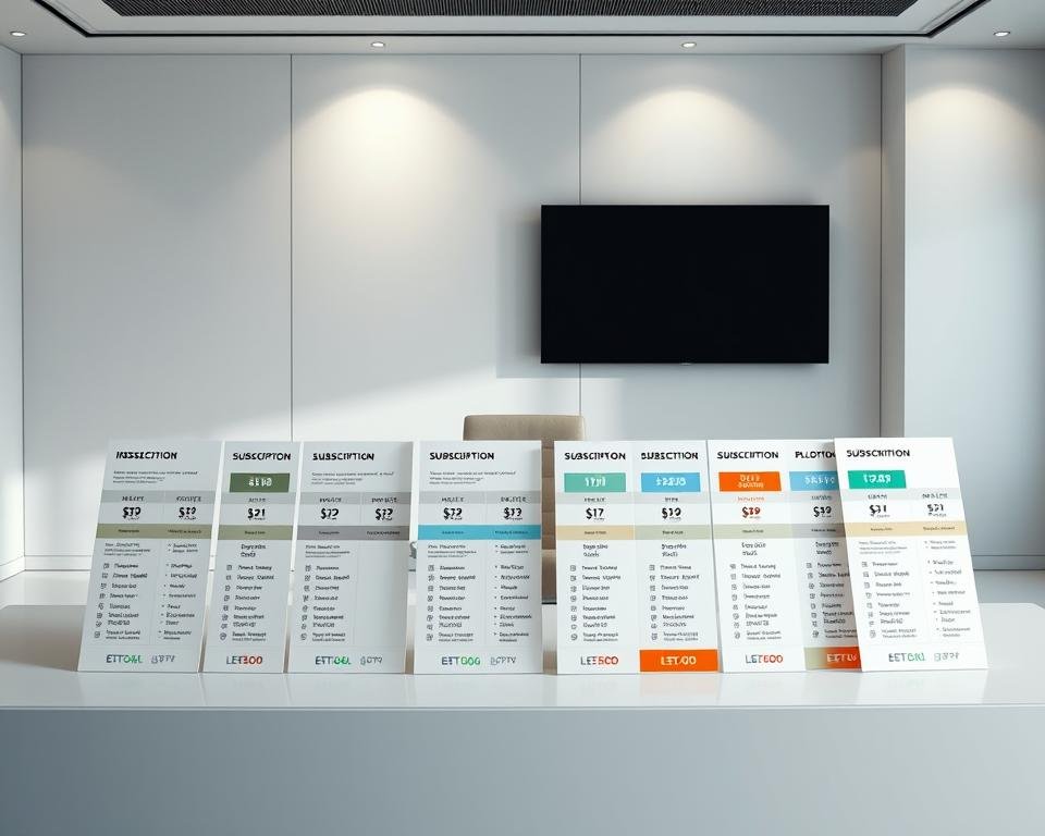 A clean, modern office setting with a large desk and comfortable chair. On the desk, various IPTV subscription plans are neatly displayed, showcasing different pricing tiers, channel packages, and payment options. The background features a sleek, minimalist design with soft, diffused lighting, creating a professional and informative atmosphere. The arrangement of the plans conveys a sense of clarity and organization, inviting the viewer to explore the different IPTV subscription choices available in France.