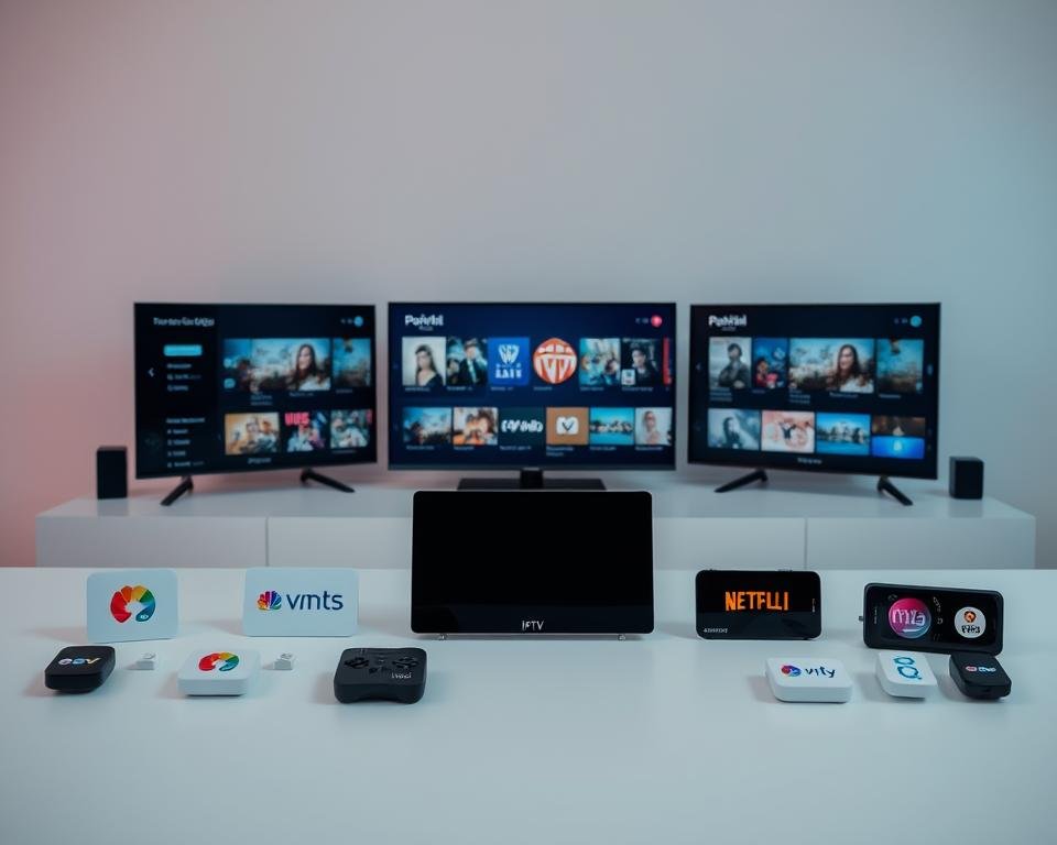 A comparative display of popular smart IPTV streaming apps, showcased in a clean, minimalist style. The foreground features several app icons and logos, neatly arranged to allow for easy comparison. The middle ground depicts a series of device screens, each displaying a different app interface, allowing the viewer to evaluate the user experience. The background is a soft, gradient-based color palette, creating a sense of depth and focus on the central subject matter. The lighting is soft and diffused, creating an elegant, professional atmosphere. The angle is a slightly elevated perspective, giving an overview of the comparative layout. Overall, the image conveys a comprehensive, informative presentation of the leading smart IPTV streaming applications. A comparative display of popular smart IPTV streaming apps, showcased in a clean, minimalist style. The foreground features several app icons and logos, neatly arranged to allow for easy comparison. The middle ground depicts a series of device screens, each displaying a different app interface, allowing the viewer to evaluate the user experience. The background is a soft, gradient-based color palette, creating a sense of depth and focus on the central subject matter. The lighting is soft and diffused, creating an elegant, professional atmosphere. The angle is a slightly elevated perspective, giving an overview of the comparative layout. Overall, the image conveys a comprehensive, informative presentation of the leading smart IPTV streaming applications.