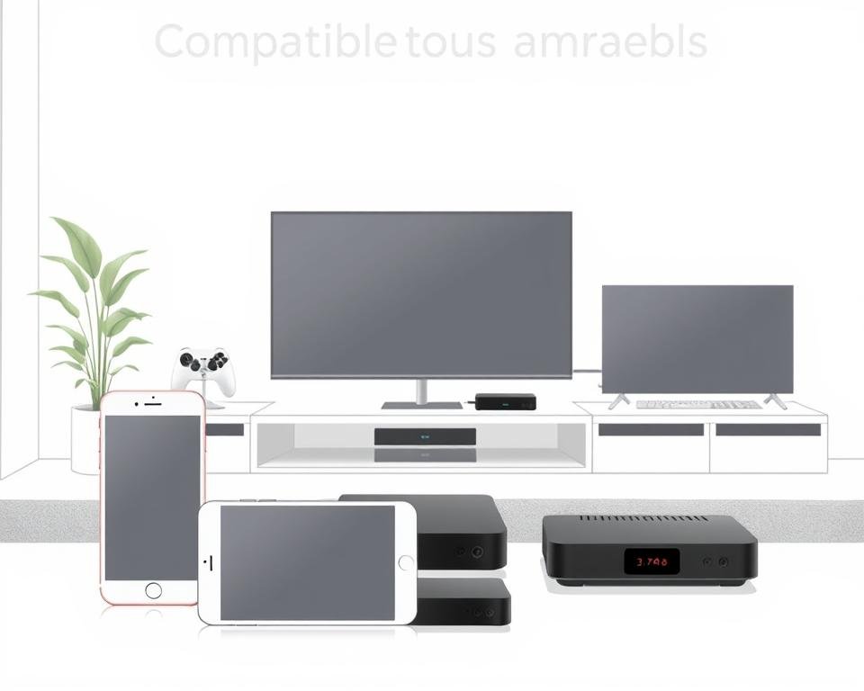 A contemporary, minimalist illustration depicting a variety of modern digital devices seamlessly integrated and harmonized, conveying the concept of "compatible tous appareils". The foreground features a clean, white smartphone, tablet, and laptop, arranged in an aesthetically pleasing layout. The middle ground showcases a smart TV, streaming box, and gaming console, all connected and working in sync. The background subtly suggests a modern, tech-savvy home environment with hints of sleek, minimalist furniture and decor. The overall mood is one of simplicity, versatility, and cohesive technological integration, emphasizing the ease and convenience of accessing IPTV services across a wide range of compatible devices.