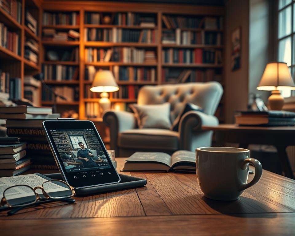 A cozy, well-lit study filled with the tools of an avid reader. In the foreground, a sleek, modern smartphone or tablet rests on a wooden desk, its screen displaying a captivating video. Surrounding it, an array of carefully curated books, reading glasses, and a steaming mug of coffee, creating an atmosphere of intellectual engagement and comfort. The middle ground features a large, plush armchair, inviting the viewer to sink in and immerse themselves in the ultimate reading companion experience. In the background, a warm, softly lit wall showcases shelves brimming with more volumes, hinting at the boundless knowledge and stories within. The overall scene conveys a sense of focus, relaxation, and the joy of learning through both physical and digital media.