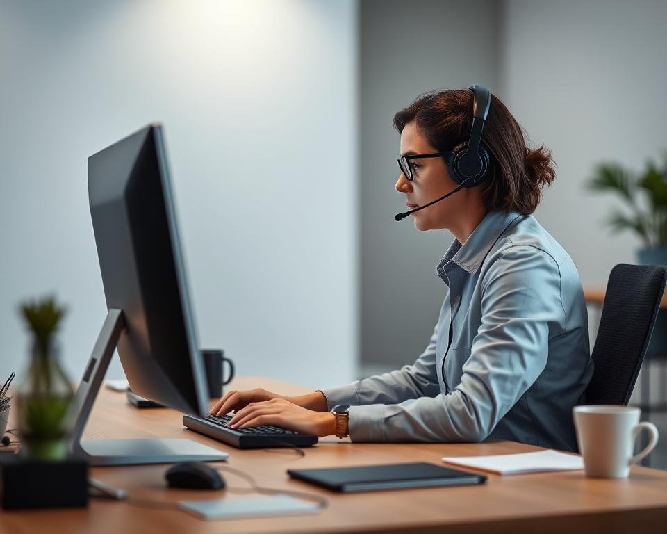 A customer support agent sitting at a desk, focused intently on a computer screen, ready to assist a client with a media player issue. The agent's workspace is well-organized, with a sleek, modern design and thoughtful lighting, creating a professional yet approachable atmosphere. In the background, a minimalist office setting with clean lines and muted tones, conveying a sense of efficiency and attention to detail. The overall mood is one of helpful service, technical expertise, and a commitment to resolving the client's concerns.
