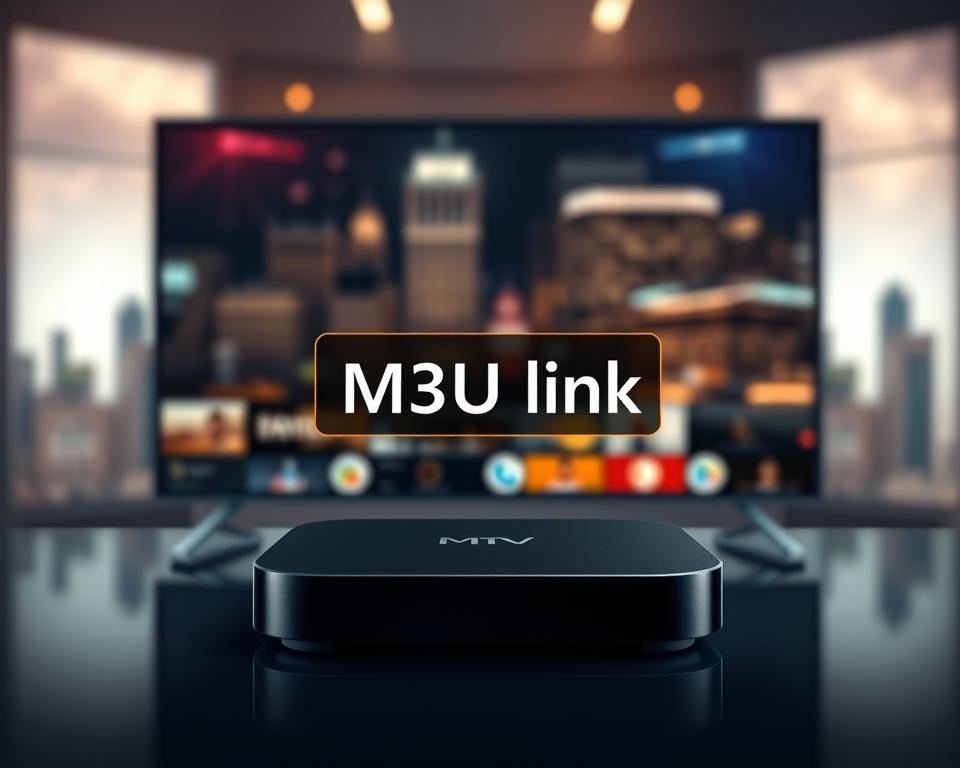 A detailed, high-quality illustration showcasing the configuration of an IPTV streaming setup via an M3U link. The image should depict a sleek, modern device such as a smart TV or streaming box, prominently displaying the M3U link in the center of the frame. The background should feature a blurred, out-of-focus cityscape or technology-inspired pattern, creating a sense of context and sophistication. The overall lighting should be soft and diffused, with subtle highlights and shadows to accentuate the device and the M3U link. The composition should be well-balanced, drawing the viewer's attention to the core subject matter while maintaining a visually appealing and professional aesthetic.