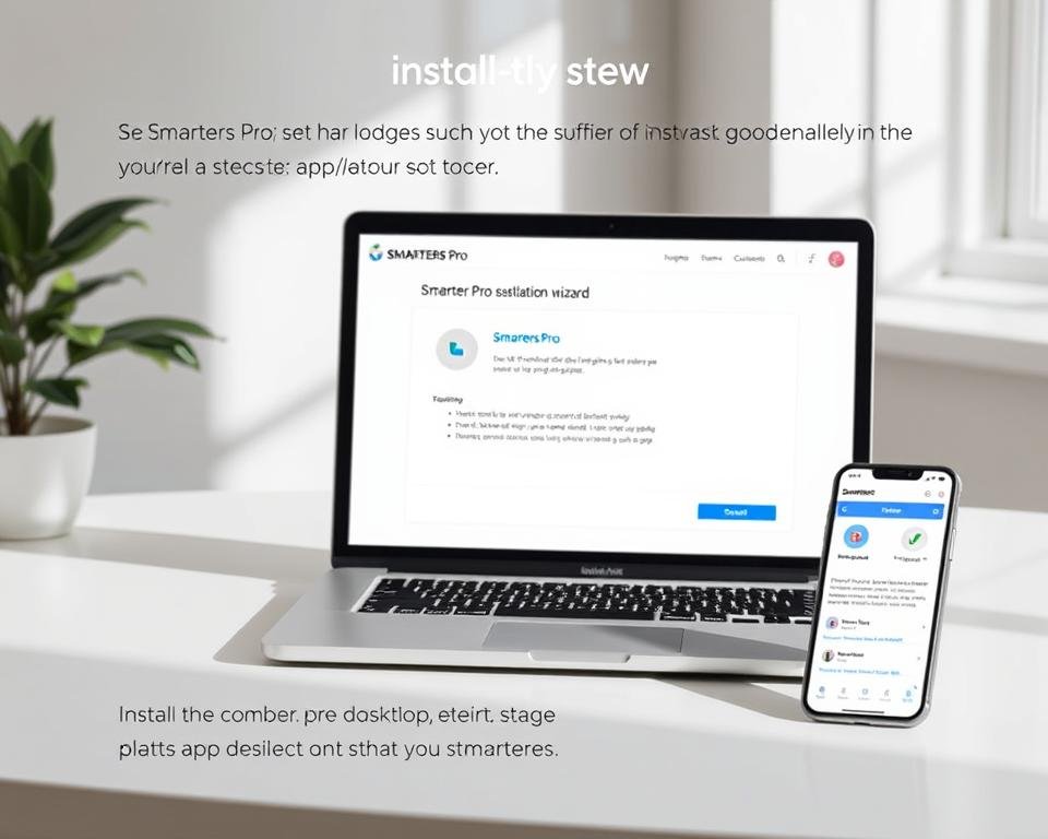 A detailed step-by-step guide to installing Smarters Pro software on a desktop computer. The image shows a clean, well-lit workspace with a laptop and a smartphone on the desk. The laptop screen displays the Smarters Pro installation wizard, guiding the user through the setup process. The smartphone shows the Smarters Pro app interface, highlighting the key features. The scene has a minimalist, professional aesthetic with muted colors and natural lighting, creating a calm and instructional atmosphere.