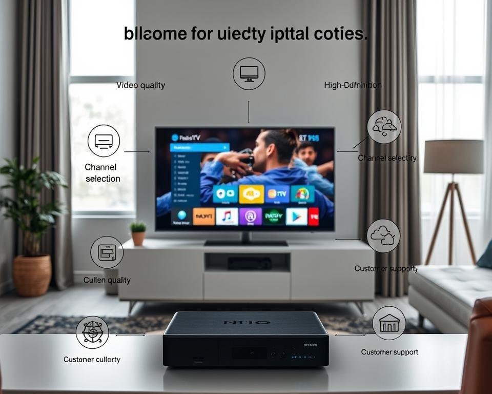 A detailed, well-lit interior scene showcasing the essential criteria for choosing a quality IPTV service. In the foreground, a modern flatscreen TV displays a vibrant, high-definition streaming interface. Surrounding it, various icons and graphics represent key factors such as video quality, channel selection, reliability, and customer support. In the middle ground, a sleek, minimalist entertainment center houses the IPTV streaming device. The background features a stylish, contemporary living room setting with large windows, allowing natural light to flood the scene. The overall mood is one of sophistication, technology, and informed decision-making.