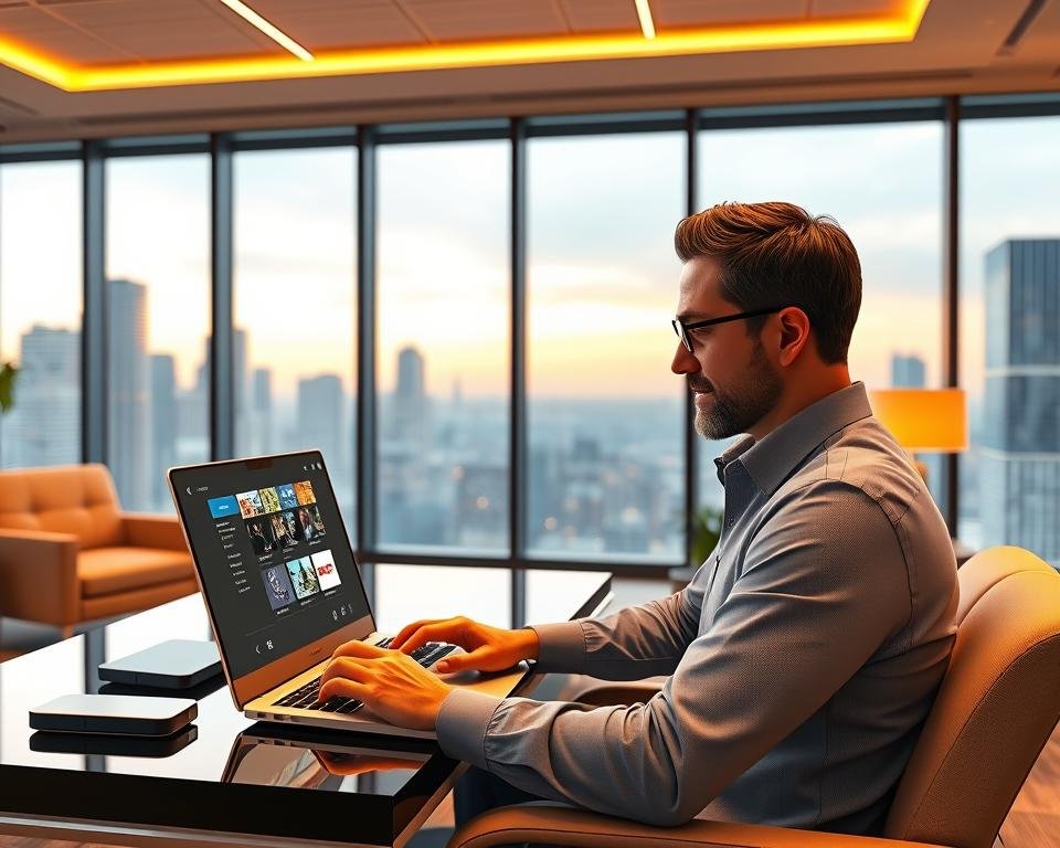 A high-quality 3D render of a person reviewing and testing an IPTV service on a laptop computer, set against a modern office environment with sleek furniture and large windows overlooking a city skyline. Warm, inviting lighting creates a professional, productive atmosphere. The user has a focused, analytical expression as they navigate the IPTV interface, evaluating the service before committing to a subscription. The scene conveys the importance of thoroughly testing an IPTV solution prior to signing up, to ensure it meets one's needs.