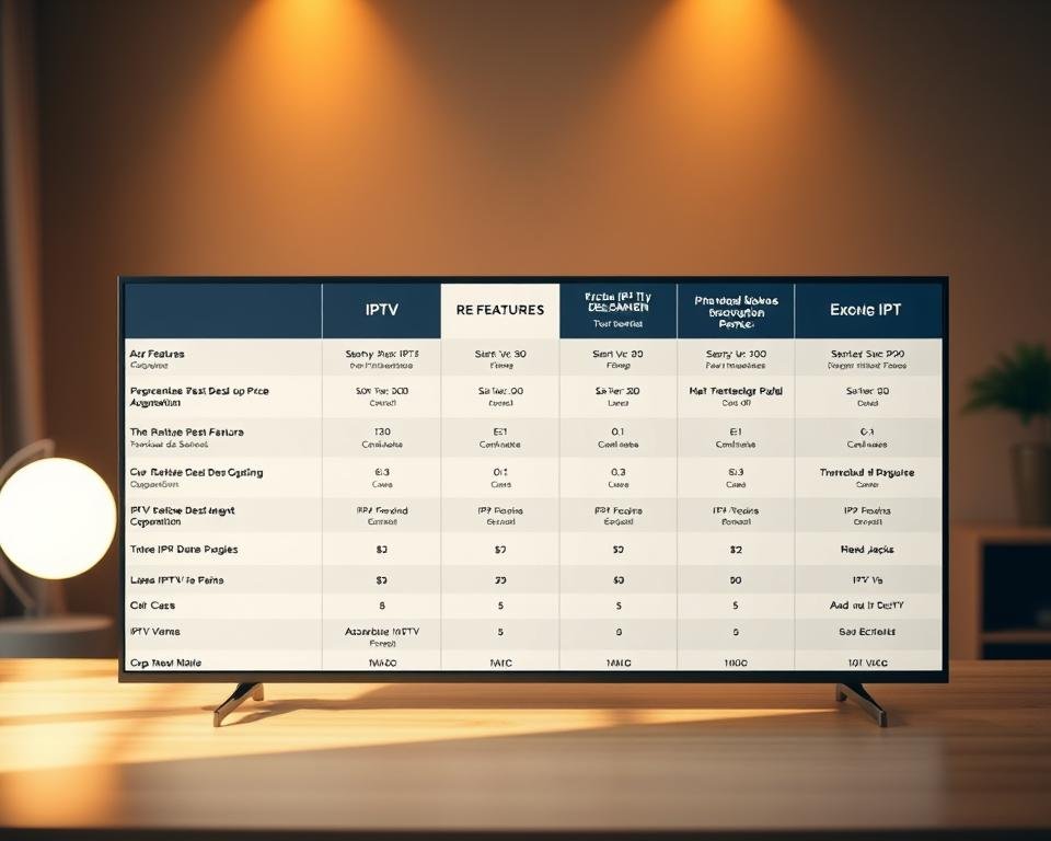 A high-quality comparison table showcasing various IPTV subscription plans in France, set against a warm, inviting backdrop. The table features detailed side-by-side listings of key features, prices, and service details, presented in a clean, professional design. Soft lighting illuminates the scene, creating a sense of clarity and trust. The overall atmosphere conveys the idea of making an informed, well-researched decision about the best IPTV solution for the viewer's needs.