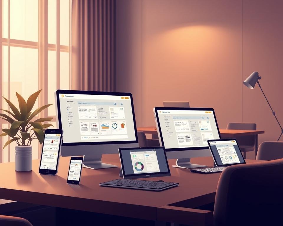 A high-quality, detailed illustration showcasing the multi-platform compatibility of Smarters Pro. Set in a sleek, modern environment, the image should depict various mobile devices, tablets, and desktop computers seamlessly connected, highlighting the app's cross-platform functionality. Use warm, muted tones and soft lighting to create a professional, premium atmosphere. Incorporate subtly detailed product shots of the Smarters Pro app interface running on the different devices. Arrange the elements in a visually balanced composition that emphasizes the app's versatility and ease of use across multiple platforms.