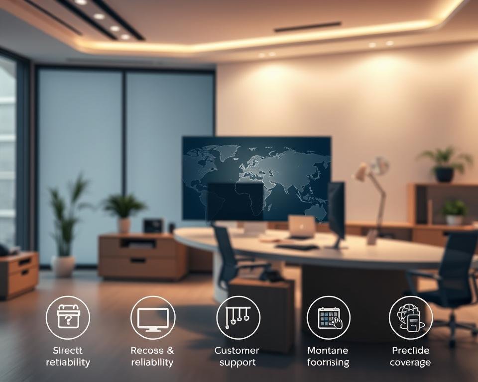 A high-quality modern office interior with a large desk, computer monitor, and desk accessories. The lighting is soft and diffused, creating a warm and professional atmosphere. In the foreground, there are various icons and graphics representing essential criteria for choosing a reliable IPTV provider, such as security, reliability, customer support, and content selection. The middle ground features a world map, highlighting the provider's global reach and coverage. The background showcases a sleek and minimalist design, emphasizing the provider's technological sophistication and attention to detail.