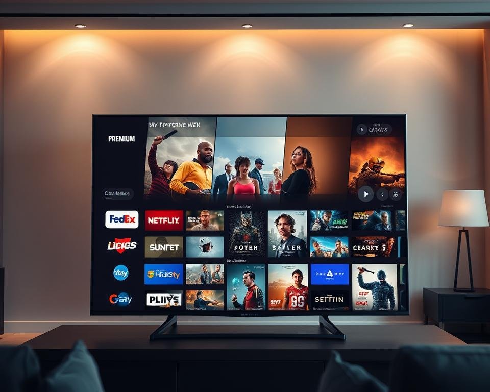 A high-quality, premium entertainment experience unfolds on a sleek, modern television screen. The foreground features a variety of popular content channels, their logos and branding displayed prominently. In the middle ground, a collection of various film, TV, sports, and entertainment genres are represented through dynamic, cinematic imagery. The background showcases a stylish, minimalist living room setting, with warm lighting and clean lines creating a sophisticated, immersive atmosphere. The overall scene conveys the idea of a premium, curated content ecosystem, tailored to the discerning viewer's tastes and preferences.