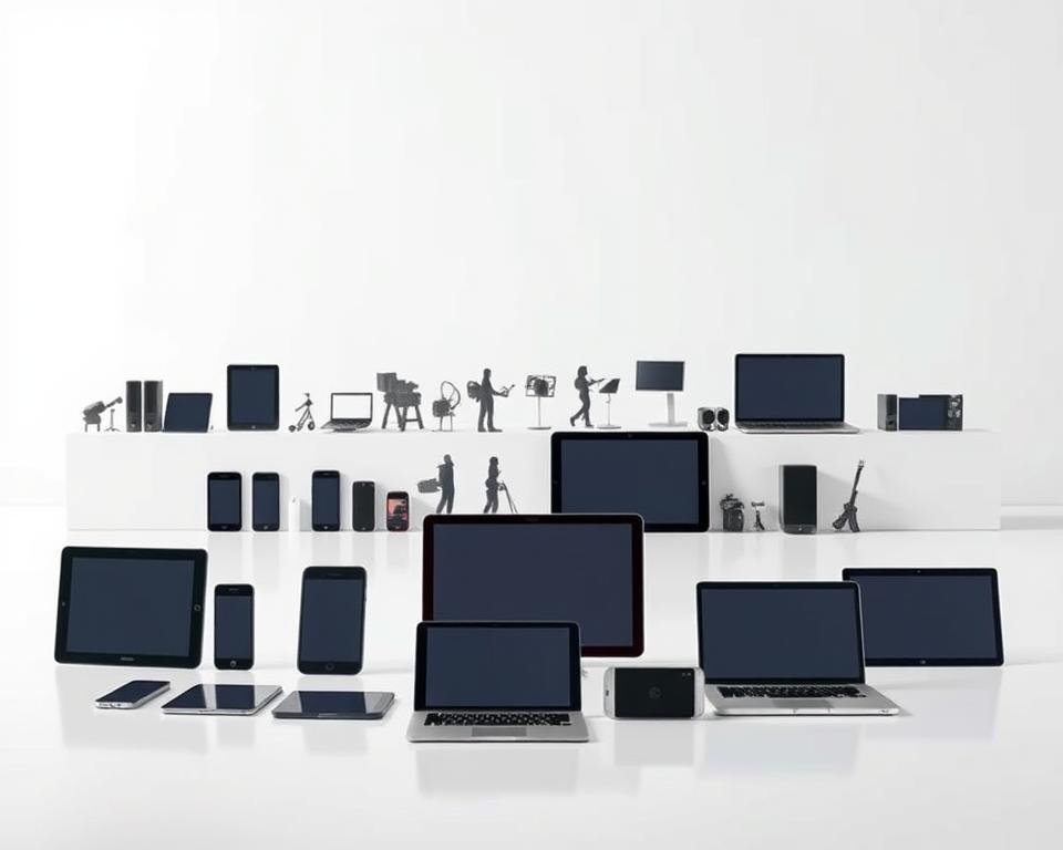 A high-quality, visually striking image showcasing the compatibility and supported devices for video playback. Set in a sleek, modern environment, the foreground features an assortment of contemporary electronic devices such as smartphones, tablets, and laptops, all neatly arranged in a symmetrical, minimalist display. The middle ground includes subtle silhouettes or icons representing various media file types and video codecs, subtly hinting at the wide range of compatibility. The background is a clean, neutral space, perhaps with a subtle gradient or soft lighting, creating a sense of balance and professionalism. The overall tone is one of technological sophistication, simplicity, and attention to detail, perfectly suited to illustrate the "Compatibilité et Appareils Supportés" section of the article.