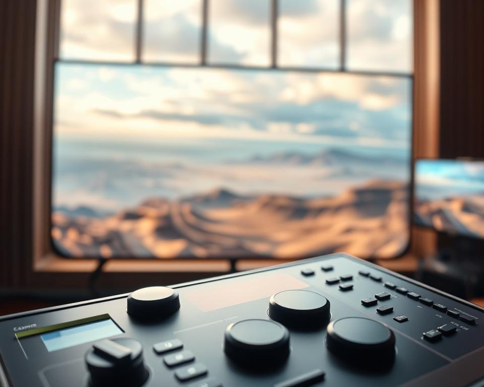 A high-resolution live-streaming display showcases breathtaking video quality, with rich, vibrant colors and sharp, detailed visuals. The foreground features a sleek, modern interface with intuitive controls, seamlessly blending form and function. The middle ground depicts a vast, panoramic landscape, capturing the essence of the content being streamed. In the background, a soft, ambient lighting creates a warm and immersive atmosphere, drawing the viewer into the captivating visual experience. The composition is expertly crafted, utilizing a wide-angle lens to convey a sense of grandeur and scale, while maintaining a refined and elegant aesthetic.