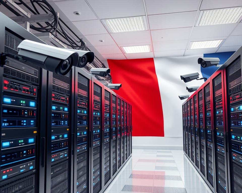 A high-security data center with servers and CCTV cameras, set against a backdrop of the French flag. The scene conveys a sense of legal and regulatory compliance, with a clean, modern aesthetic. Bright LED lighting illuminates the servers, and the CCTV cameras provide a sense of surveillance and protection. The overall atmosphere is one of safety, reliability, and adherence to legal requirements for IPTV services in France.