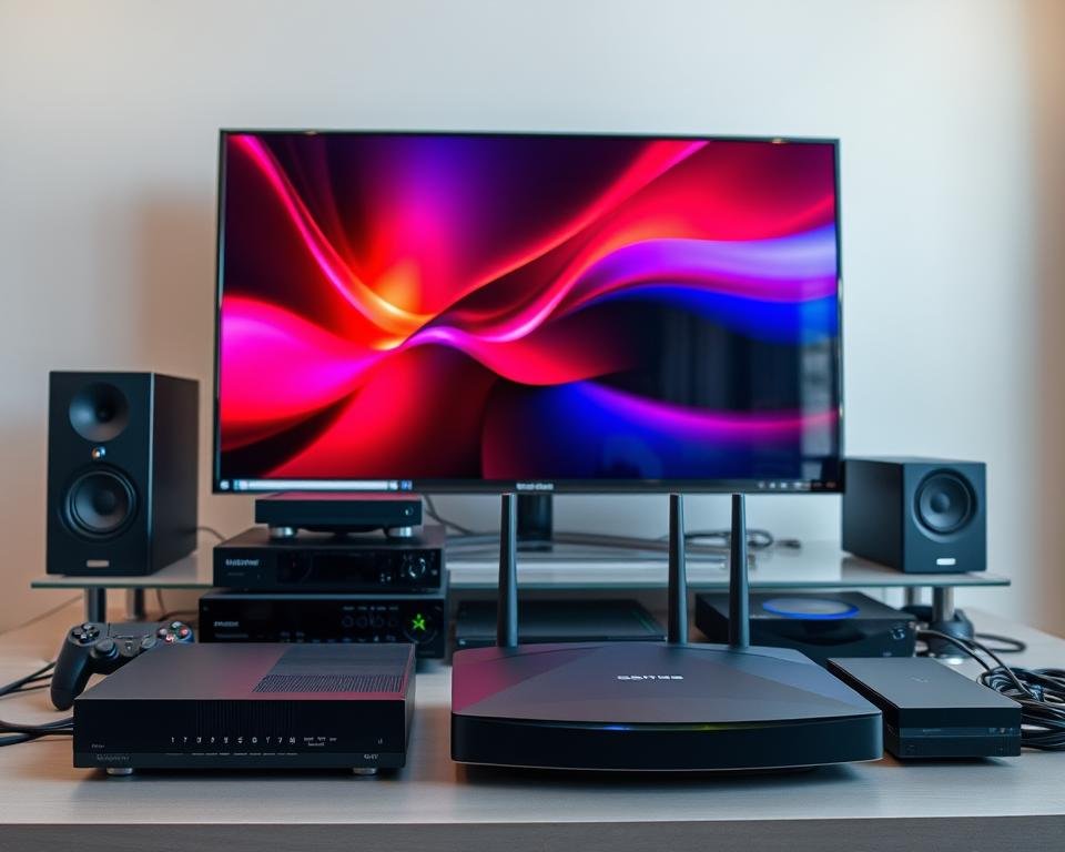 A high-tech arrangement of multimedia devices, meticulously aligned on a sleek, contemporary desk. In the foreground, an elegant smart TV stands tall, its screen glowing with vibrant, lifelike colors. Surrounding it, a selection of streaming boxes, gaming consoles, and audio equipment are neatly organized, their connection ports and cables seamlessly integrated. The mid-ground showcases a sophisticated router, its flashing indicator lights hinting at the robust network powering the interconnected setup. In the background, a minimalist, well-lit room sets the stage, creating a harmonious, technologically-advanced environment. Soft, diffused lighting casts a warm, inviting glow, reflecting the system's compatibility and seamless integration.