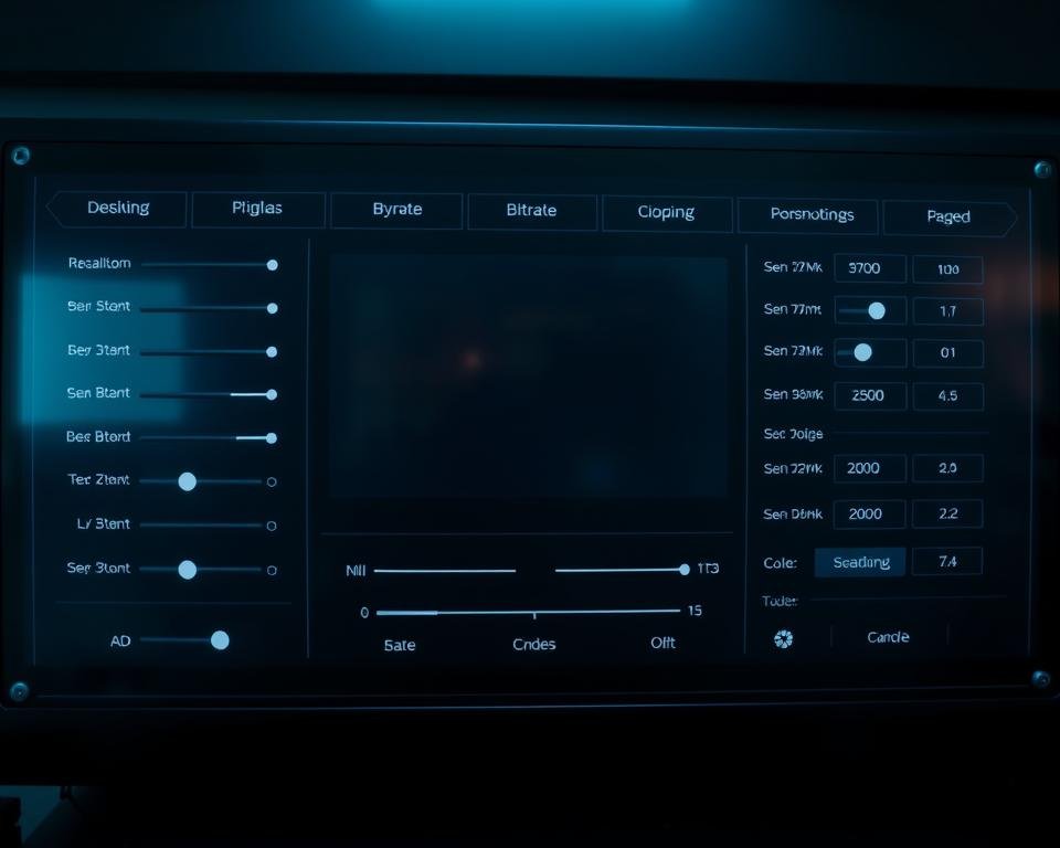 A high-tech configuration panel with a sleek, minimalist design. The foreground features various icons and toggles representing different streaming settings - resolution, bitrate, codec, etc. The middle ground showcases a clean, uncluttered display with easy-to-read text labels. The background has a subtle gradient or blurred pattern, giving a sense of depth and professionalism. Lighting is soft and even, with a slightly cool color temperature to convey a modern, digital aesthetic. Camera angle is slightly elevated to provide an intuitive, user-friendly perspective. The overall mood is one of precision, control, and seamless streaming capabilities.