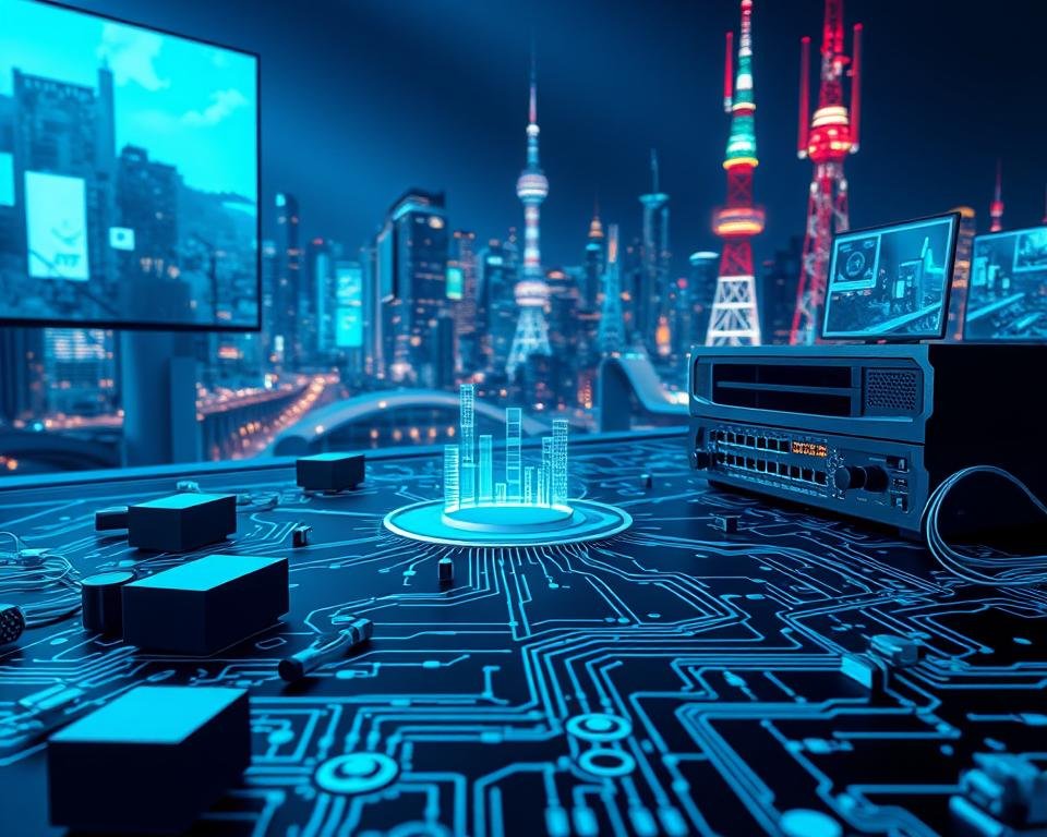 A high-tech schematic diagram depicting the technical functioning of internet television. In the foreground, detailed schematics of network connections, routers, and other hardware components. In the middle ground, a simplified visualization of data flow and signal transmission between devices. In the background, a sleek, futuristic cityscape with glowing skyscrapers and communication towers, hinting at the wider technological infrastructure. The scene is bathed in a cool, blue-tinted lighting, creating a sense of modernity and technical sophistication. The overall composition conveys the complex, interconnected nature of modern IPTV systems.