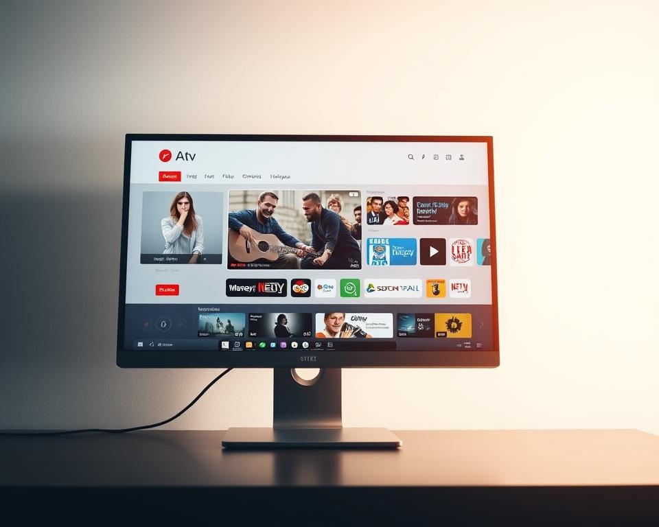 A modern desktop computer screen displaying a television-like streaming application interface. The foreground features a clean, minimalist UI with intuitive controls and a large central video player. The middle ground showcases various content thumbnails, categorized menus, and information panels. The background has a subtle gradient or texture, creating depth and a sense of a professional, high-quality digital environment. Soft, diffused lighting illuminates the scene, producing a warm, inviting atmosphere. The overall aesthetic conveys a seamless, optimized experience for accessing television content on a desktop or laptop computer.