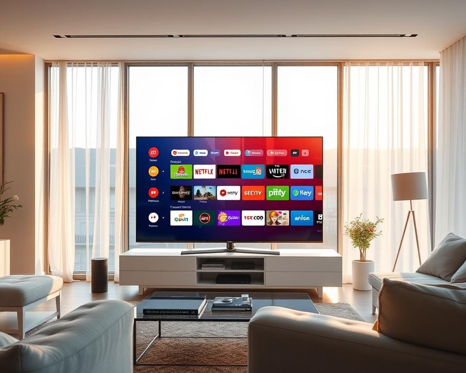 A modern living room with a sleek television set displaying a vibrant, colorful IPTV interface. The television is the focal point, surrounded by minimalist furniture and soft lighting that creates a cozy, inviting atmosphere. The room features large windows that allow natural light to flood the space, casting a warm, welcoming glow. The IPTV interface showcases a diverse selection of channels and streaming services, hinting at the vast entertainment options available to the French audience. The overall scene conveys a sense of technological sophistication and the convenience of on-demand, internet-based television. A modern living room with a sleek television set displaying a vibrant, colorful IPTV interface. The television is the focal point, surrounded by minimalist furniture and soft lighting that creates a cozy, inviting atmosphere. The room features large windows that allow natural light to flood the space, casting a warm, welcoming glow. The IPTV interface showcases a diverse selection of channels and streaming services, hinting at the vast entertainment options available to the French audience. The overall scene conveys a sense of technological sophistication and the convenience of on-demand, internet-based television.