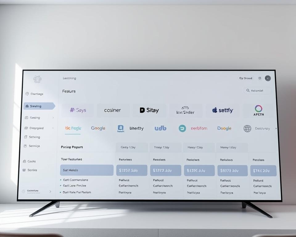 A modern, minimalist dashboard display showcasing various streaming service subscription options. In the foreground, a clean and intuitive interface with clear pricing tiers and feature comparisons. The middle ground features sleek icons and logos of popular streaming platforms. The background is a soft, gradient-based color palette, conveying a sense of sophistication and technology. Lighting is soft and diffused, creating depth and dimension. The camera angle is slightly elevated, providing an overview of the entire layout. The overall mood is one of clarity, organization, and consumer-friendly accessibility.