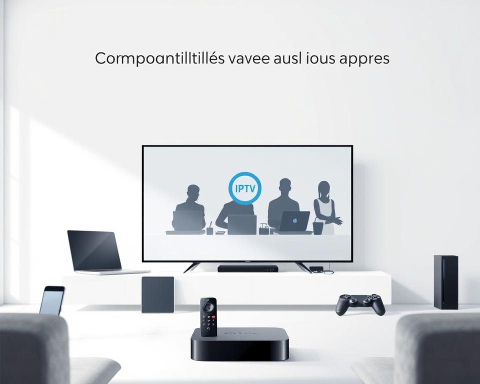 A modern, minimalist illustration depicting various internet-connected devices seamlessly compatible with an IPTV service. In the foreground, a sleek smart TV, streaming box, and smartphone are displayed against a clean, white backdrop. The middle ground features silhouettes of a laptop, tablet, and gaming console, all linked together by a central IPTV icon. The background subtly suggests a living room setting, with soft, natural lighting and a hint of a couch or furniture. The overall mood is one of simplicity, connectivity, and effortless integration, capturing the essence of the "Compatibilité avec tous vos appareils" section. A modern, minimalist illustration depicting various internet-connected devices seamlessly compatible with an IPTV service. In the foreground, a sleek smart TV, streaming box, and smartphone are displayed against a clean, white backdrop. The middle ground features silhouettes of a laptop, tablet, and gaming console, all linked together by a central IPTV icon. The background subtly suggests a living room setting, with soft, natural lighting and a hint of a couch or furniture. The overall mood is one of simplicity, connectivity, and effortless integration, capturing the essence of the "Compatibilité avec tous vos appareils" section.