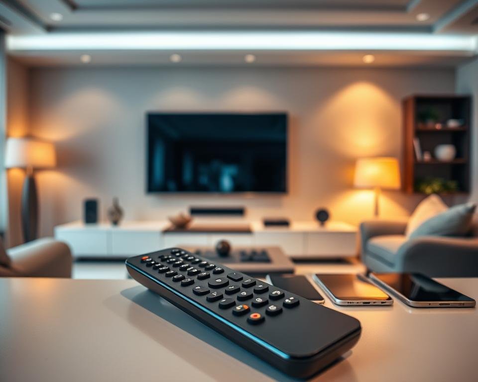 A modern, minimalist living room with a large flat-screen TV mounted on the wall. In the foreground, a sleek, high-end remote control with multiple buttons and a glossy finish. Beside it, a set of various smart devices like smartphones and tablets, suggesting the ability to access content on multiple screens. The lighting is warm and inviting, with subtle ambient lighting creating a cozy atmosphere. The room's décor is clean and sophisticated, with neutral tones and natural textures, reflecting the idea of a seamless, integrated multi-screen experience.