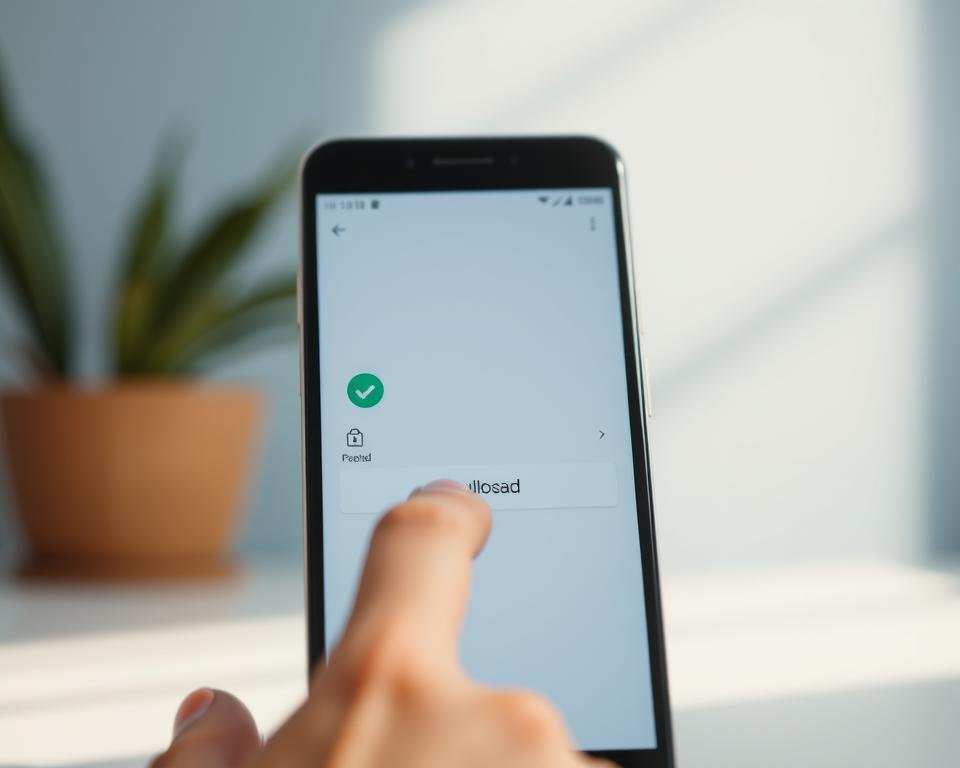 A modern, minimalist smartphone screen displaying the Android application download interface. In the foreground, a finger tapping on the "Download" button, with a sleek, seamless app icon alongside. The middle ground features a clean, uncluttered UI with simple typography and intuitive navigation elements. The background is a subtle, blurred gradient of soft blues and grays, creating a sense of depth and focus on the central action. Warm, natural lighting from the top-left casts gentle shadows, adding depth and dimensionality to the scene. The overall aesthetic is polished, elegant and instantly recognizable as an Android device experience.