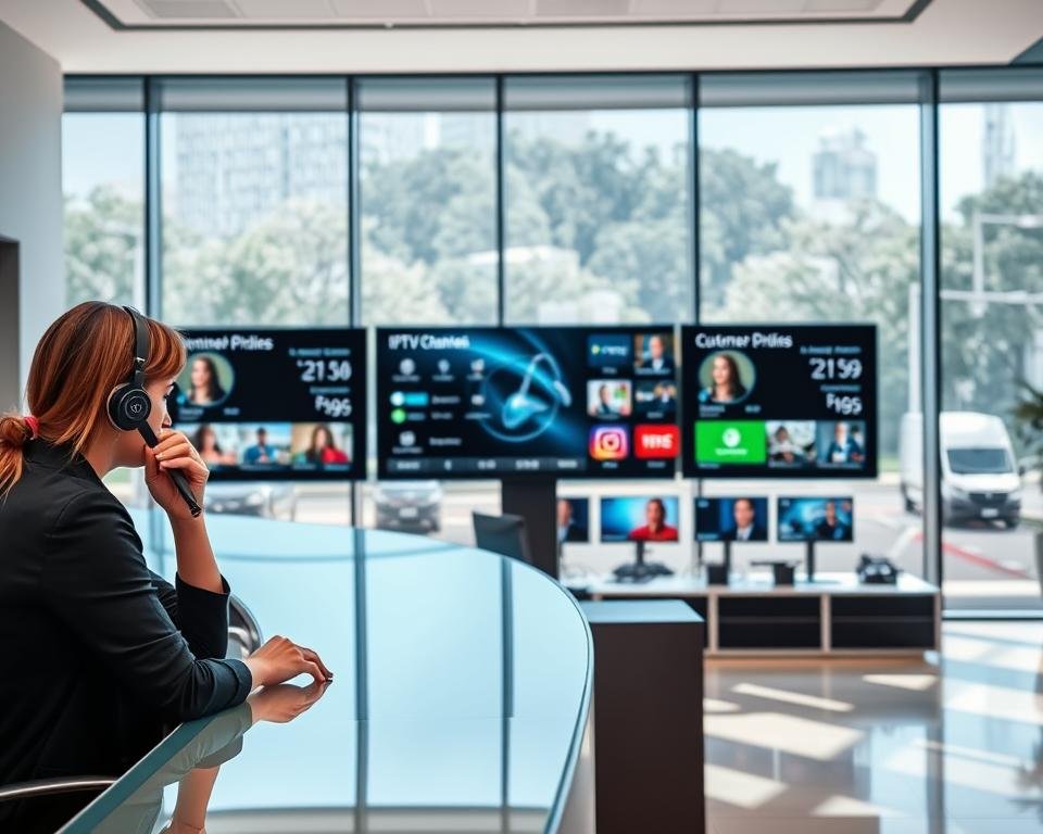 A modern office interior with a sleek, minimalist design. In the foreground, a customer service representative sits at a curved, glass-top desk, their hands gesturing as they assist a customer on the phone. The middle ground features a bank of high-resolution displays showcasing various IPTV channel options and customer support information. The background is dominated by floor-to-ceiling windows, allowing natural light to flood the space and create a bright, airy atmosphere. The overall mood is one of efficiency, professionalism, and a commitment to customer satisfaction.