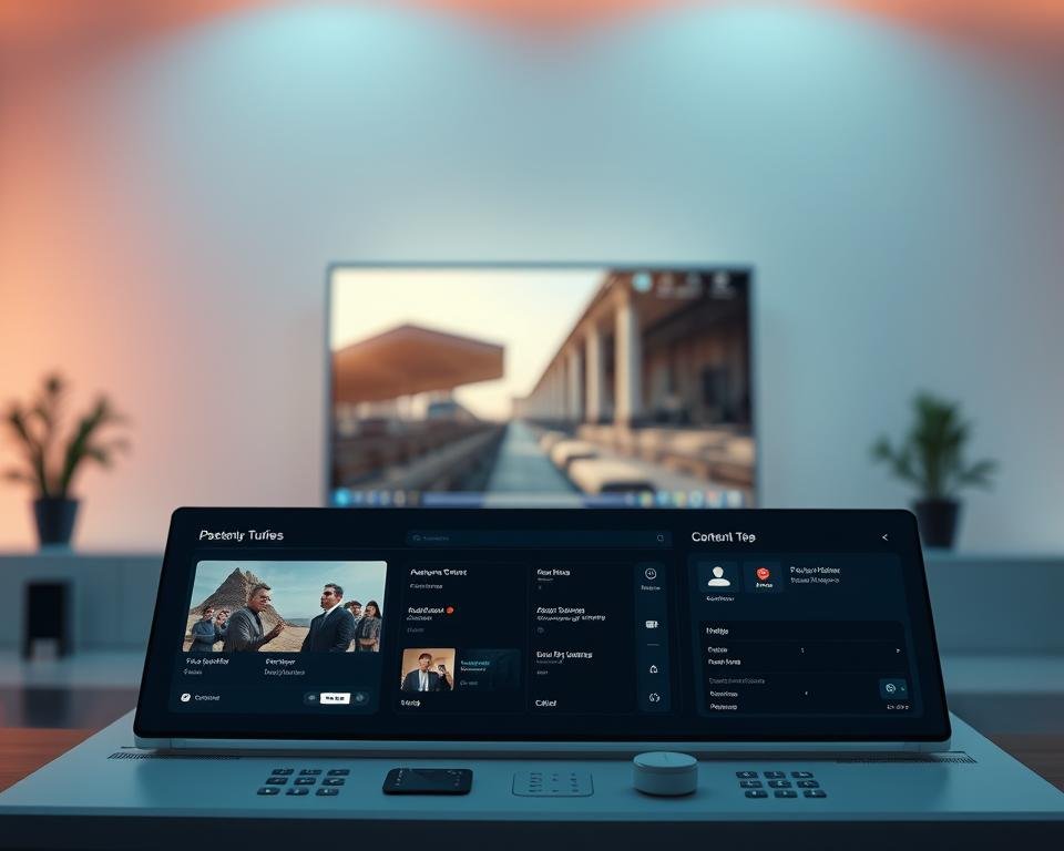 A modern, sleek interface application streaming against a soft, blurred background. In the foreground, a clean, minimalist dashboard with intuitive controls, displaying various content options. The middle ground features a large video player with sharp, high-definition imagery, showcasing the streaming capabilities. In the background, a subtle, ambient lighting creates a warm, inviting atmosphere, complementing the futuristic aesthetic. The scene is captured with a wide-angle lens, providing a comprehensive view of the seamless, user-friendly streaming experience.