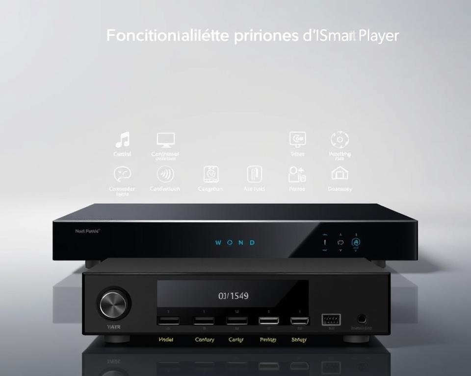 A modern, sleek multimedia player set against a clean, minimalist background. In the foreground, the player's intuitive interface is displayed, showcasing its key features - playback controls, volume adjustment, and navigation options. The middle ground highlights the device's connectivity, with icons representing various input/output ports. In the background, subtle visual cues allude to the player's advanced functionality, such as network connectivity, compatibility with different media formats, and integration with smart home systems. The overall scene conveys a sense of sophistication and technological prowess, perfectly suited to illustrate the "Fonctionnalités principales d'IPTV Smart Player".