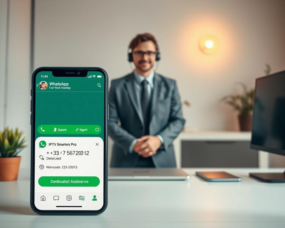 A modern tech support desk with a warm, inviting atmosphere. In the foreground, a WhatsApp chat interface on a smartphone screen, showcasing the dedicated assistance number +33 7 53 67 20 12. The middle ground features a knowledgeable support agent, dressed in a crisp, professional outfit, with a friendly and approachable demeanor. The background is a minimalist office setting, with clean lines, muted colors, and subtle lighting, creating a sense of focus and productivity. The overall composition conveys a sense of reliable, personalized support for the IPTV Smarters Pro service.