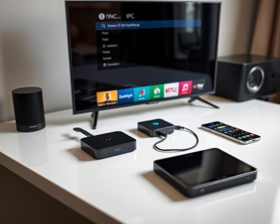 A neatly arranged set of streaming devices, including a smart TV, a streaming box, a tablet, and a smartphone, all connected and configured for IPTV Smarters Pro. The devices are displayed on a sleek, minimalist desk, with clean lines and neutral colors. The lighting is soft and diffused, creating a calming, professional atmosphere. The camera angle captures the devices from a slightly elevated perspective, showcasing their features and functionality. The overall scene conveys a sense of technological integration and seamless connectivity, suitable for illustrating the "Prérequis avant l'installation" section of the article.