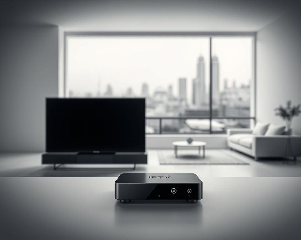 A neatly organized comparison of a traditional television and an IPTV streaming device, set against a minimalist, monochrome background. In the foreground, the traditional TV and IPTV player are positioned side-by-side, their distinct designs and features highlighted by subtle, directional lighting. The middle ground showcases a clean, uncluttered living room setting, hinting at the seamless integration of these technologies into modern home entertainment. In the background, a softly blurred cityscape suggests the broader connectivity and digital landscape that IPTV inhabits. The overall mood is one of sleek, contemporary technology, inviting the viewer to consider the evolution from traditional TV to the smart, internet-enabled IPTV experience.