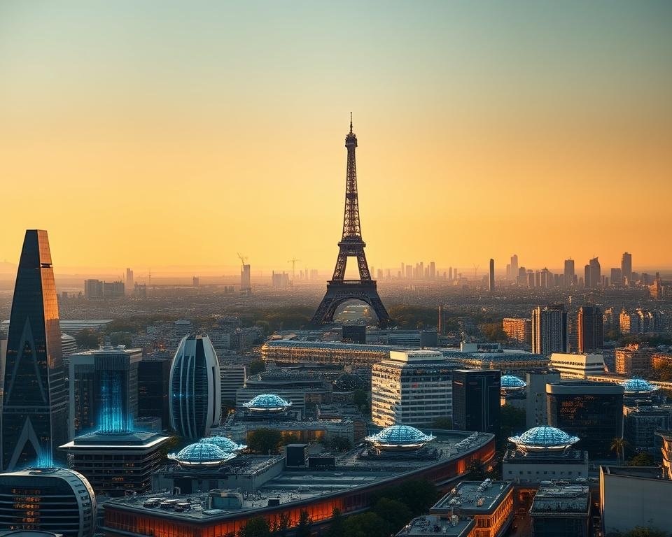 A panoramic landscape depicting the future of IPTV in France. In the foreground, a futuristic cityscape with sleek, high-rise buildings and holographic displays. The middle ground features a network of interconnected devices, from smart TVs to mobile phones, all seamlessly streaming content. In the background, the iconic Eiffel Tower stands tall, symbolizing the enduring French influence amidst the technological advancements. The scene is bathed in a warm, golden glow, conveying a sense of progress and prosperity. The lighting is natural and diffused, creating a cinematic atmosphere. The camera angle is slightly elevated, providing a sweeping view of the scene.