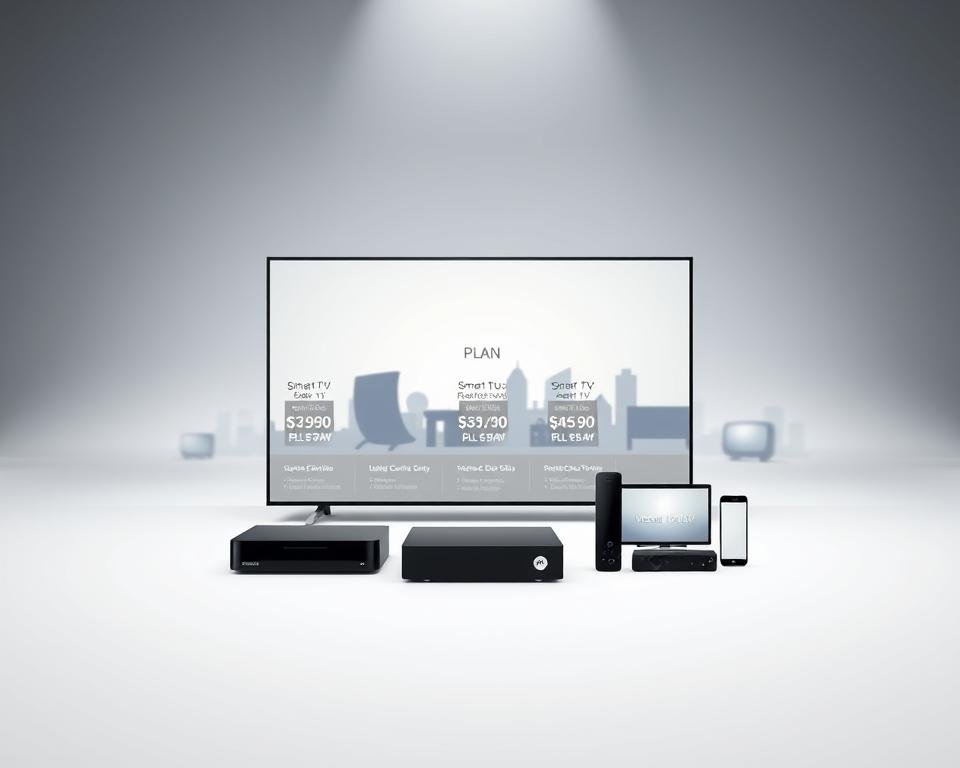 A professional television subscription plan display in a sleek, modern design. The foreground features a clean, minimalist arrangement of subscription icons, pricing details, and service highlights against a simple white background. The middle ground showcases various device silhouettes - smart TVs, set-top boxes, and mobile devices - representing the accessible viewing options. In the background, a subtle gradient or soft blurred lines suggest the digital realm of IPTV, conveying the technological and premium nature of the offering. Crisp, even lighting illuminates the scene, creating a sense of clarity and sophistication. The overall mood is one of elegance, simplicity, and technological prowess. A professional television subscription plan display in a sleek, modern design. The foreground features a clean, minimalist arrangement of subscription icons, pricing details, and service highlights against a simple white background. The middle ground showcases various device silhouettes - smart TVs, set-top boxes, and mobile devices - representing the accessible viewing options. In the background, a subtle gradient or soft blurred lines suggest the digital realm of IPTV, conveying the technological and premium nature of the offering. Crisp, even lighting illuminates the scene, creating a sense of clarity and sophistication. The overall mood is one of elegance, simplicity, and technological prowess.