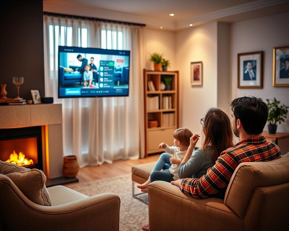 A serene living room setting with a cozy fireplace, plush armchairs, and a large flat-screen TV mounted on the wall. Soft, warm lighting filters through sheer curtains, creating a inviting atmosphere. In the foreground, a French family relaxes together, watching the latest IPTV content on their smart TV. The parents and children are engaged, gesturing and discussing the program. The background showcases a bookshelf, framed artwork, and a potted plant, suggesting a comfortable, well-appointed Parisian home. The scene conveys the convenience, entertainment, and family-oriented benefits of IPTV for French viewers.