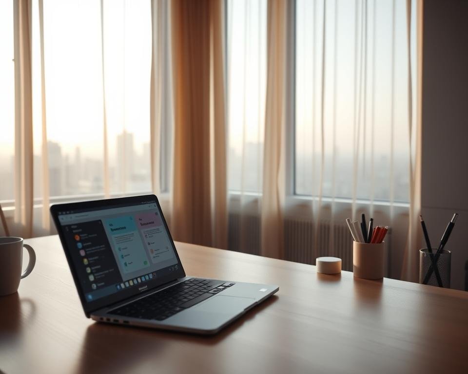 A serene, minimalist office scene with a clean and modern aesthetic. In the foreground, a sleek, black laptop sits on a minimalist wooden desk, surrounded by a few office supplies like a mug and a pen holder. In the middle ground, three alternative productivity apps are displayed on the laptop's screen, each with a distinct interface and color scheme, representing the "Alternatives à Smarters Pro". The background features a large window overlooking a cityscape, bathed in warm, natural light that filters through sheer curtains, creating a calming atmosphere. The overall composition conveys a sense of productivity, organization, and balance, reflecting the subject of the section.