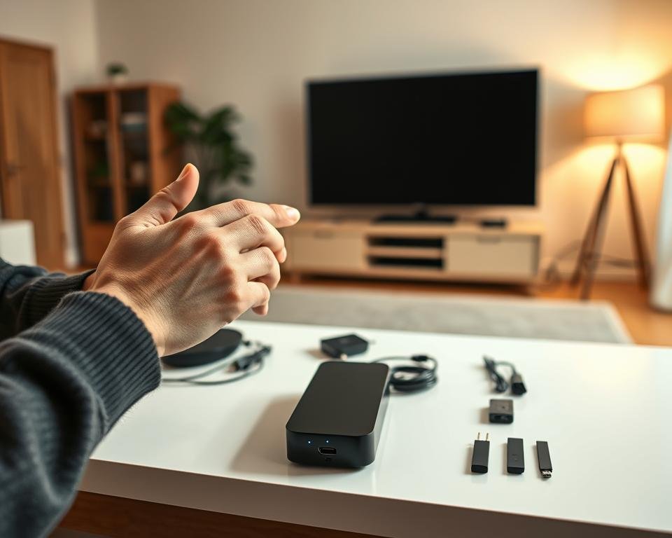 A simple and intuitive IPTV installation process. In the foreground, a person's hands gently interact with a sleek, modern streaming device, its minimalist design reflecting the simplicity of the setup. The middle ground features a neat, organized workspace with essential cables and accessories neatly arranged, conveying a sense of effortless organization. The background showcases a cozy, well-lit living room, creating a warm and inviting atmosphere for the user to enjoy their new IPTV service. Soft, diffused lighting and a clean, minimalist aesthetic evoke a sense of ease and accessibility, perfectly aligning with the "Processus d'Installation Simplifié" theme.
