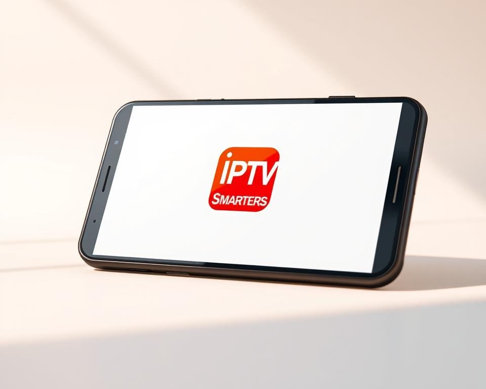 A sleek and modern Android smartphone display, showcasing the IPTV Smarters app icon against a minimalist white background. The app icon is prominent, rendered with crisp detail and vibrant colors. Soft shadows and subtle highlights give the scene a clean, professional look. The screen is angled slightly, creating a dynamic composition that draws the eye to the app icon. Warm, natural lighting illuminates the scene, creating a welcoming and accessible atmosphere. The overall impression is one of simplicity, clarity, and the ease of downloading and using the IPTV Smarters app on an Android device.