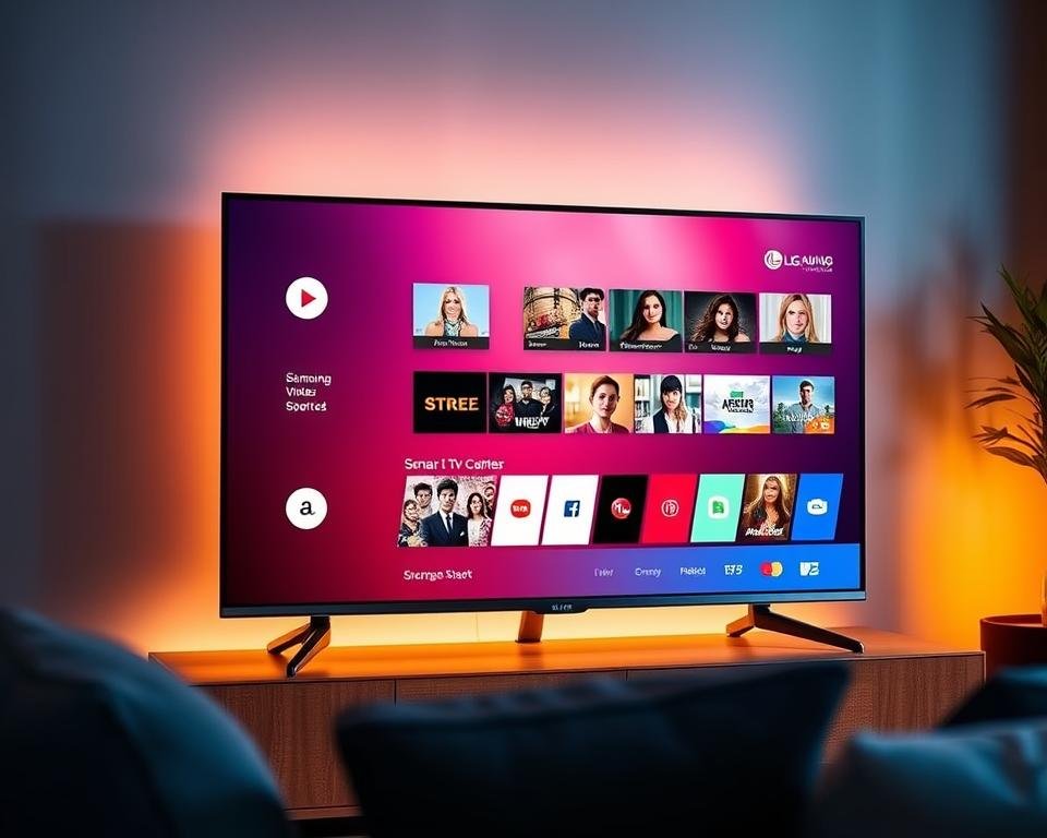 A sleek and modern Samsung or LG Smart TV displaying a vibrant, user-friendly IPTV Smarters Pro application interface. The screen showcases various streaming service icons, video thumbnails, and a clean, intuitive menu layout. Soft, warm lighting illuminates the display, creating a cozy and inviting atmosphere. The TV is positioned prominently, with a minimalist, premium-quality design that seamlessly blends into a contemporary living room setting. The overall scene conveys the ease and convenience of accessing a wide range of IPTV content directly from a high-quality Smart TV platform.