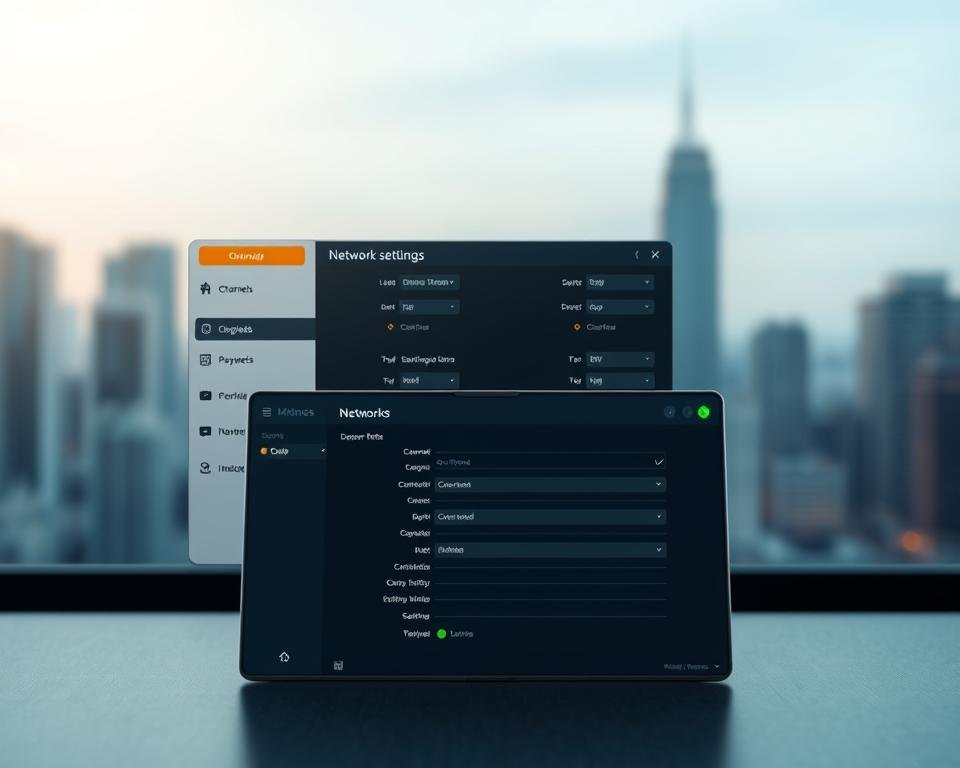 A sleek and modern configuration application for IPTV services, featuring a clean and intuitive user interface. The foreground showcases the app's main dashboard, with customizable settings and options for managing channels, EPG data, and user preferences. The middle ground presents a detailed view of the network settings panel, allowing users to easily configure their internet connection and streaming parameters. In the background, a subtle gradient or blurred cityscape provides a sense of context and sophistication. Soft lighting enhances the app's visual appeal, while a slightly low camera angle emphasizes the application's powerful yet user-friendly nature.