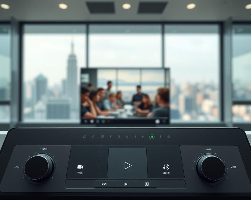 A sleek and modern multimedia user interface. In the foreground, a clean and intuitive dashboard with clearly labeled icons for various media functions - video playback, music controls, streaming options, and device settings. The interface has a minimalist aesthetic with a neutral color palette of grays and whites, allowing the content to take center stage. The middle ground features a large, high-definition video player with smooth, responsive controls. In the background, a blurred cityscape provides a subtle, contextual backdrop, hinting at the user's environment. The lighting is soft and evenly distributed, creating a pleasant, professional atmosphere. The camera angle is slightly elevated, giving a sense of overview and emphasizing the interface's streamlined design.