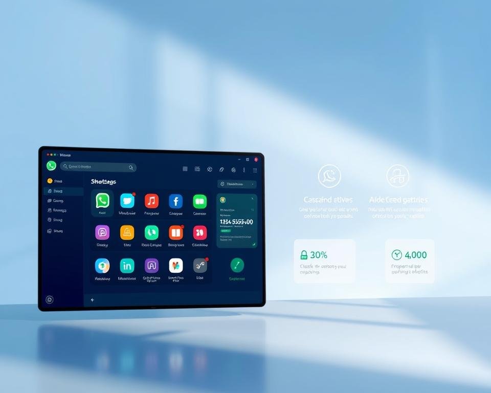 A sleek and modern software interface showcasing the key features of Smarters Pro. In the foreground, a clean and intuitive dashboard with seamlessly integrated application icons, presented against a backdrop of a cool, gradient-infused color scheme. The middle ground features detailed illustrations of the core functionalities, such as advanced WhatsApp capabilities, with a focus on simplicity and ease of use. The background subtly hints at the software's versatility, with a faint grid or geometric pattern suggesting the depth of its customization options. Soft, diffused lighting creates a sense of depth and sophistication, while a minimalist, professional aesthetic permeates the entire composition.