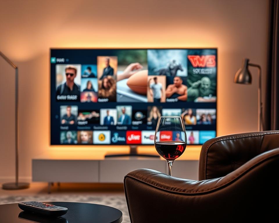 A sleek and modern television display showcases a diverse range of premium content, from cinematic blockbusters to high-quality documentaries and live sporting events. The screen is bathed in a soft, warm glow, creating a cozy and immersive viewing experience. In the foreground, a stylish remote control and a glass of fine wine suggest a sophisticated and indulgent setting. The background features a minimalist, yet elegant decor, with subtle hints of luxury, such as a plush, leather-upholstered armchair and a contemporary, metallic floor lamp. The overall atmosphere evokes a sense of exclusivity and high-end entertainment, perfectly capturing the essence of "Contenu télévisuel premium". A sleek and modern television display showcases a diverse range of premium content, from cinematic blockbusters to high-quality documentaries and live sporting events. The screen is bathed in a soft, warm glow, creating a cozy and immersive viewing experience. In the foreground, a stylish remote control and a glass of fine wine suggest a sophisticated and indulgent setting. The background features a minimalist, yet elegant decor, with subtle hints of luxury, such as a plush, leather-upholstered armchair and a contemporary, metallic floor lamp. The overall atmosphere evokes a sense of exclusivity and high-end entertainment, perfectly capturing the essence of "Contenu télévisuel premium".