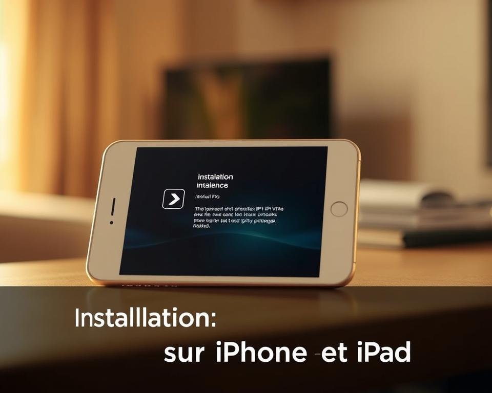 A sleek iPhone or iPad device displayed prominently in the foreground, the screen showing the installation process of the IPTV Smarters Pro app. The device is captured with a clean, crisp focus, bathed in warm, natural lighting, conveying a sense of accessibility and user-friendliness. The background is blurred, drawing the viewer's attention to the device and the app installation sequence unfolding on the screen. The overall composition and mood reflect the section title "Installation sur iPhone et iPad", highlighting the ease and simplicity of the installation process for iOS devices.