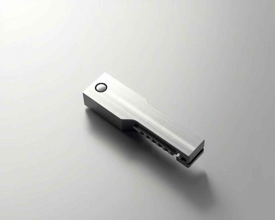 A sleek, modern IPTV access key against a clean, minimalist background. The key is rendered in high detail, with a metallic sheen and precision engineering. Soft, directional lighting illuminates the key, creating highlights and shadows that emphasize its streamlined, elegant design. The background is a simple, neutral color that allows the key to take center stage, conveying a sense of simplicity and functionality. The overall composition is balanced and visually striking, reflecting the practical yet sophisticated nature of IPTV access technology.