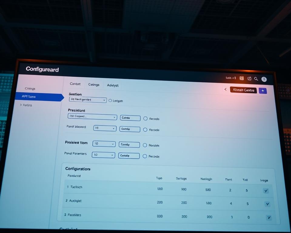 A sleek, modern dashboard interface displaying the configuration settings for the Xtream Codes API. The screen is illuminated by warm, directional lighting, creating a professional and technical atmosphere. In the foreground, various input fields and toggle switches allow for precise customization of API parameters. The middle ground features clean, minimalist iconography and color-coded sections for easy navigation. In the background, a subtle grid pattern and muted gradient colors suggest the complex underlying infrastructure powering the API. The overall composition conveys a sense of control, efficiency, and technological sophistication.