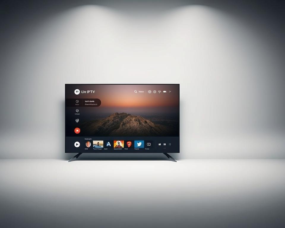 A sleek, modern interface application for IPTV streaming, showcasing a clean and intuitive design. The foreground features a large display screen showcasing a live TV channel, with a minimal set of control icons and a channel guide overlay. The middle ground includes a sidebar menu with well-organized options and settings, inviting the user to navigate the app's various features. The background depicts a subtle, gradient-based color scheme, creating a refined and professional atmosphere. Lighting is soft and diffused, accentuating the UI's clarity and legibility. The overall composition conveys a sense of user-friendly functionality and high-quality video playback for an immersive IPTV experience.