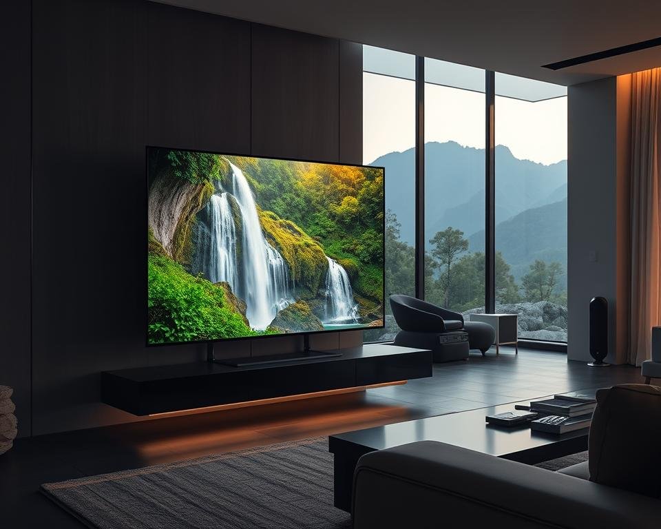 A sleek, modern living room with high-end home entertainment equipment. In the foreground, a 4K OLED television displaying a vibrant, detailed nature scene with lush greenery and cascading waterfalls. The screen emits a warm, immersive glow, conveying a sense of premium image quality. The TV is situated on a minimalist, floating media console with subtle ambient lighting. In the middle ground, high-end audio equipment, including a powerful surround sound system, blends seamlessly with the decor. The background features large windows overlooking a serene, mountainous landscape, bathed in soft, natural lighting. An atmosphere of technological sophistication and refined home cinema experience. A sleek, modern living room with high-end home entertainment equipment. In the foreground, a 4K OLED television displaying a vibrant, detailed nature scene with lush greenery and cascading waterfalls. The screen emits a warm, immersive glow, conveying a sense of premium image quality. The TV is situated on a minimalist, floating media console with subtle ambient lighting. In the middle ground, high-end audio equipment, including a powerful surround sound system, blends seamlessly with the decor. The background features large windows overlooking a serene, mountainous landscape, bathed in soft, natural lighting. An atmosphere of technological sophistication and refined home cinema experience.