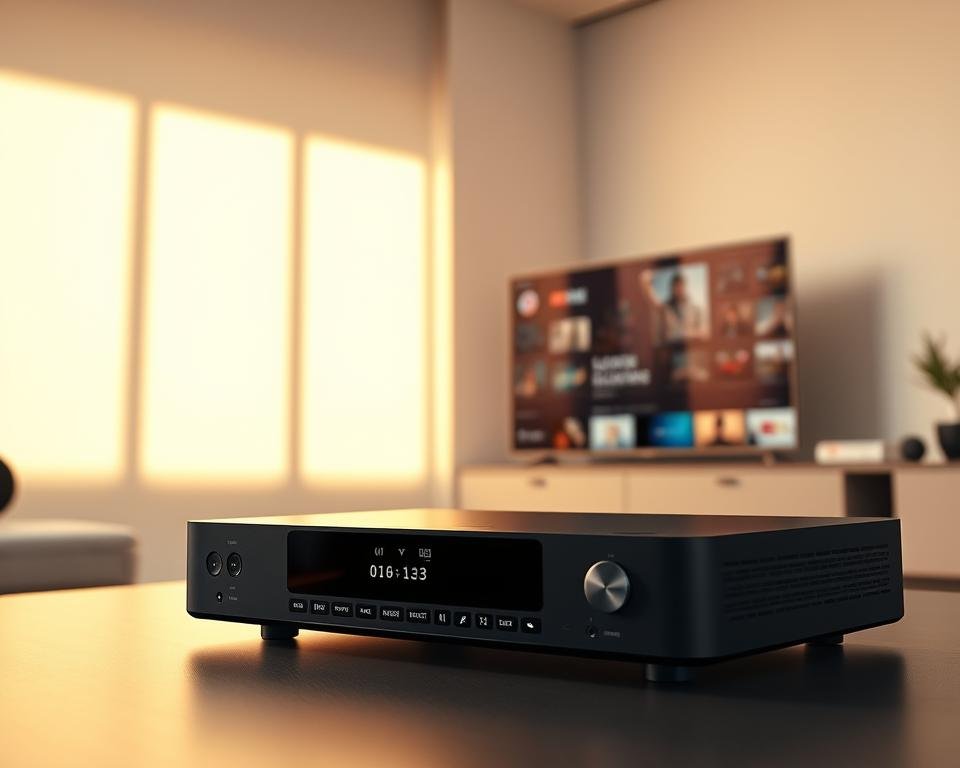 A sleek, modern multimedia player set against a clean, bright backdrop, casting a warm glow. In the foreground, the player's elegant design features intuitive controls and a high-resolution display. The middle ground showcases various content options - from streaming services to local media libraries - highlighting the player's versatility for French users. The background subtly suggests the player's integration with smart home devices, conveying its seamless connectivity. The overall scene radiates a sense of convenience, entertainment, and technological sophistication tailored to the French market.