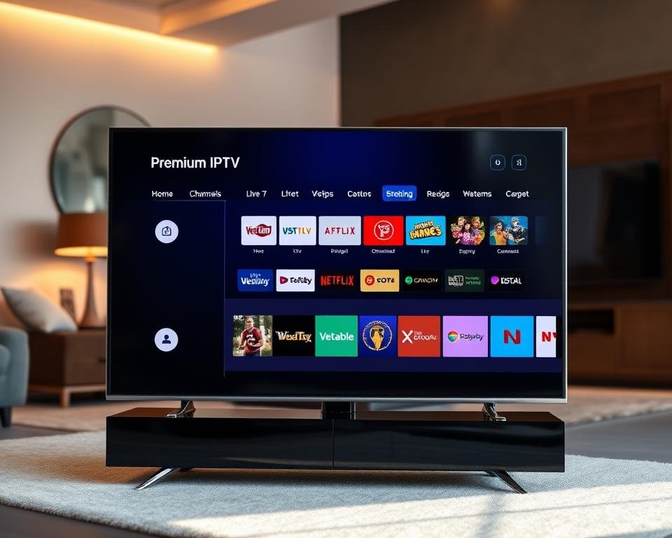 A sleek, modern smart TV displaying a premium IPTV service interface. The screen shows a diverse selection of live TV channels, on-demand content, and streaming apps. The device is placed on a minimalist, high-gloss black stand against a blurred background of a chic, contemporary living room. Warm, directional lighting casts a soft glow, highlighting the TV's crisp display and elegant design. The overall atmosphere conveys a sense of premium entertainment and seamless digital home integration.